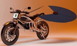 Conceito de moto movida a energia solar dispensa recarga elétrica