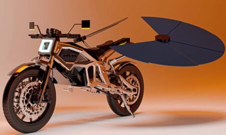 Conceito de moto movida a energia solar dispensa recarga elétrica